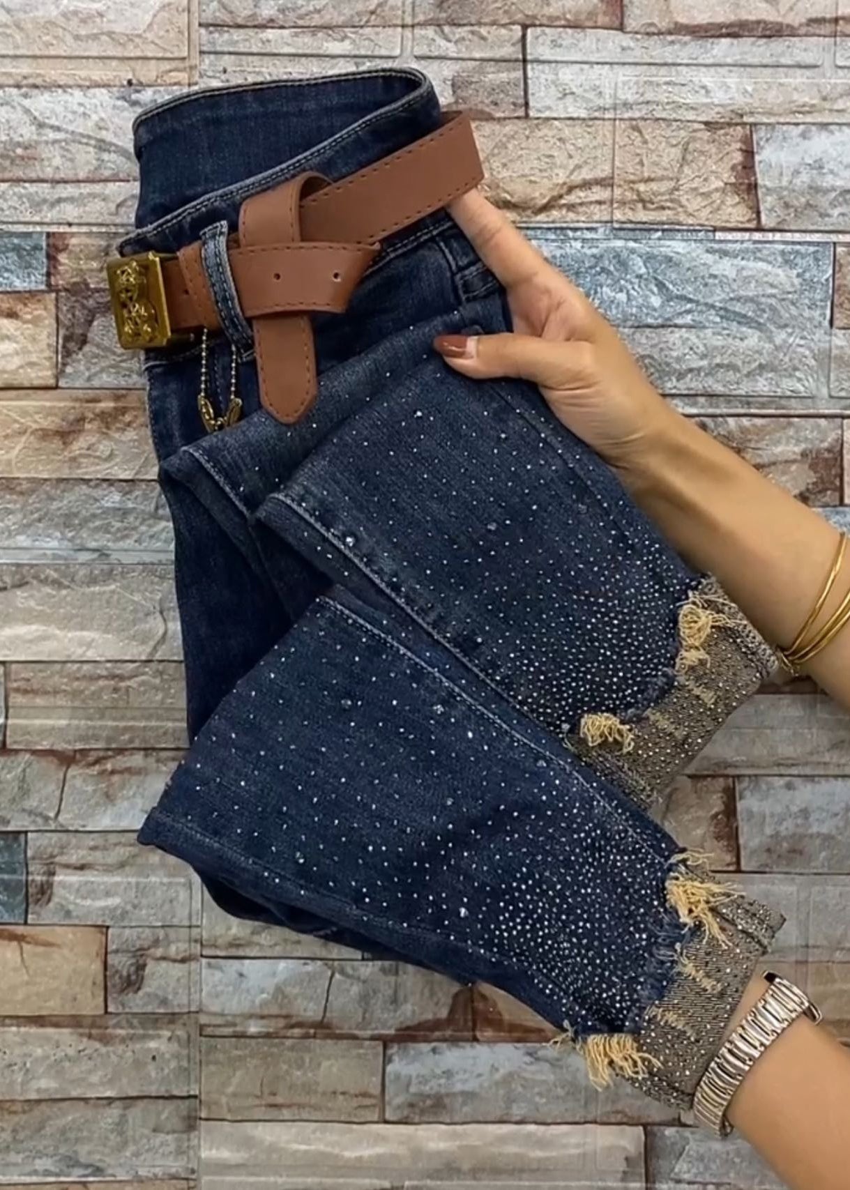 Blue Pockets Zircon Patchwork Denim Crop Pants Fall