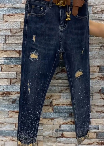Blue Pockets Zircon Patchwork Denim Crop Pants Fall
