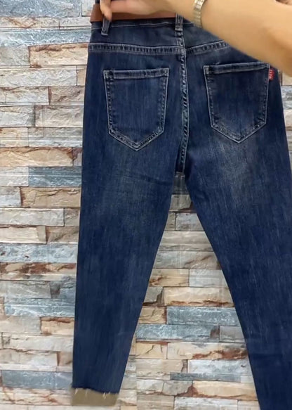 Blue Pockets Zircon Patchwork Denim Crop Pants Fall