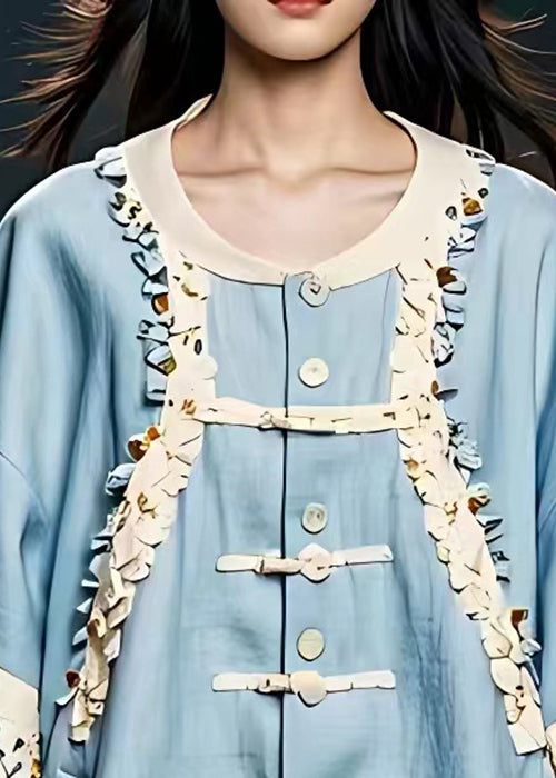 Blue Print Button Cotton Coats Bracelet Sleeve