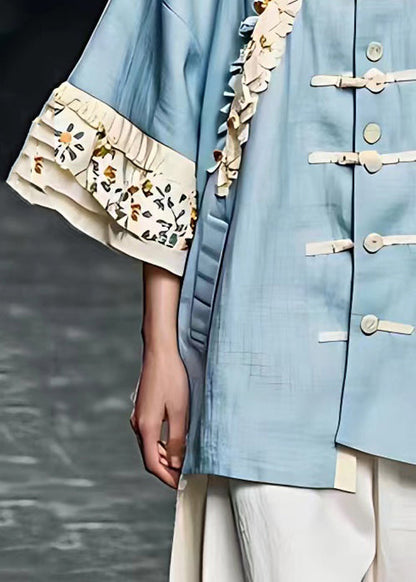 Blue Print Button Cotton Coats Bracelet Sleeve