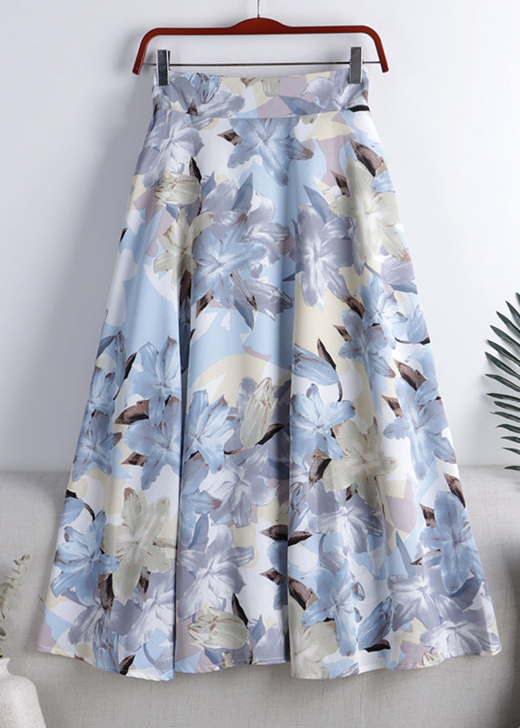 Blue Print High Waist Chiffon a Line Skirt Summer