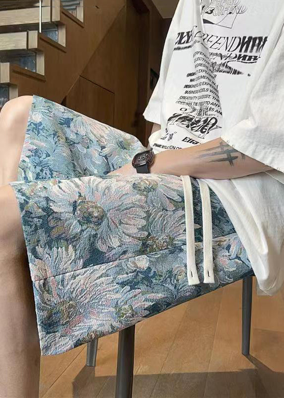 Blue Print Pockets Cotton Shorts Summer