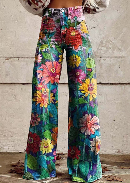 Blue Print Pockets Denim Wide Leg Pants Spring