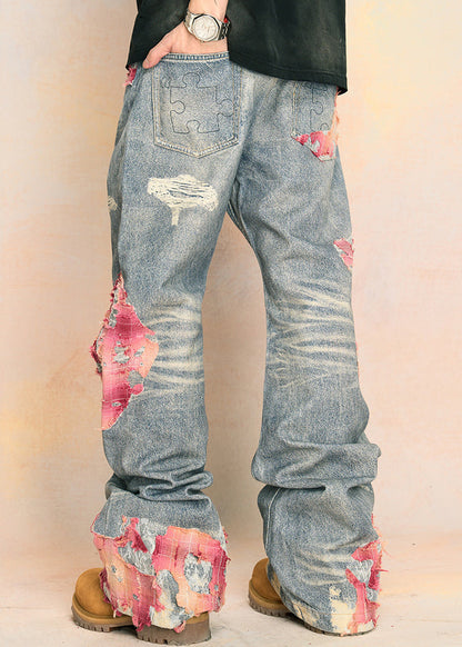 Blue Print Pockets High Waist Denim Pants Fall