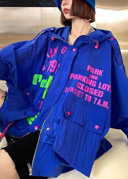 Blue Print Pockets Zippered Spring Hooded Coat