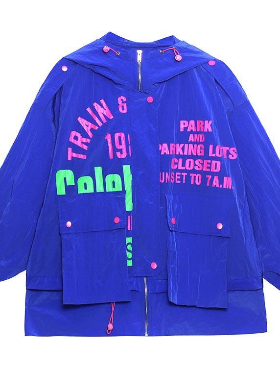 Blue Print Pockets Zippered Spring Hooded Coat