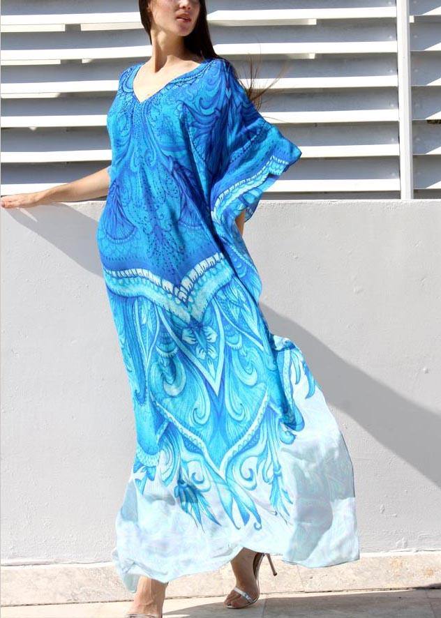 Blue Print Kimono Robe Maxi Dresses Cotton Dress