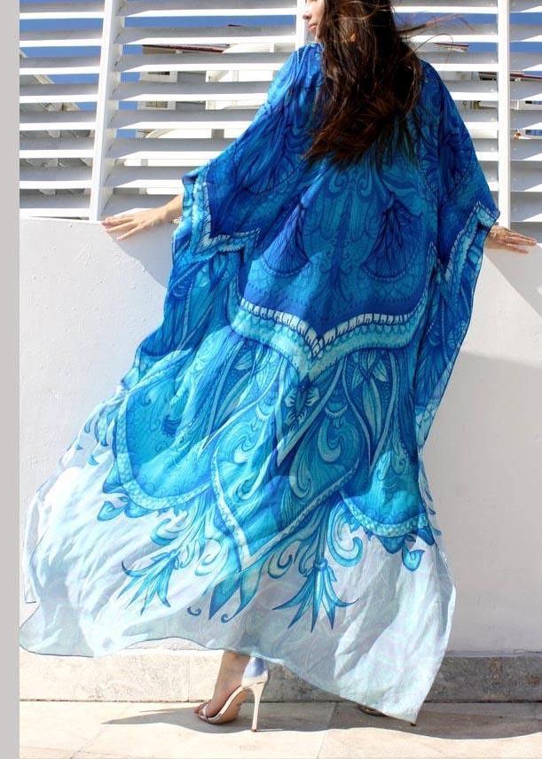 Blue Print Kimono Robe Maxi Dresses Cotton Dress