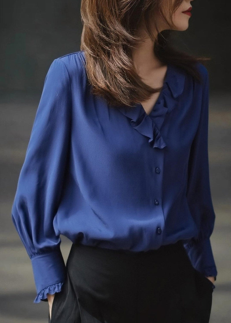 Blue Ruffled Draping Chiffon Blouses Spring
