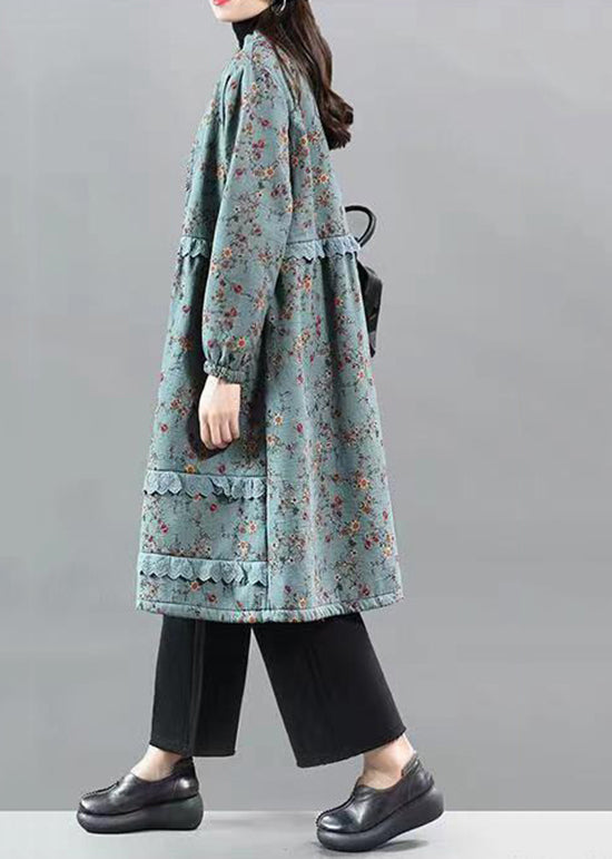 Blue Ruffled Lace Patchwork Warm Fleece Coat Fall