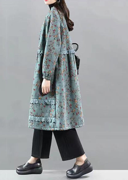 Blue Ruffled Lace Patchwork Warm Fleece Coat Fall