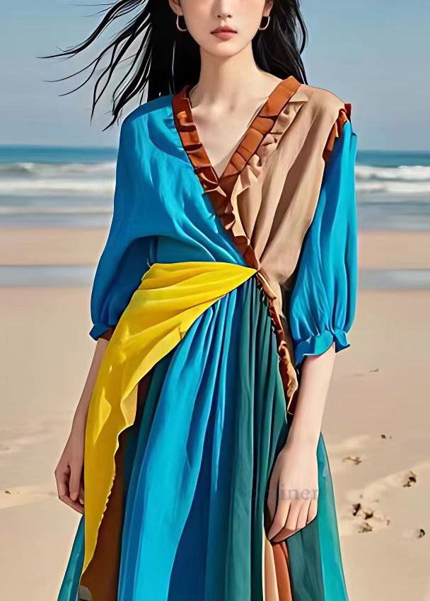 Blue Ruffled Patchwork Cotton Long Dresses Half Sleeve