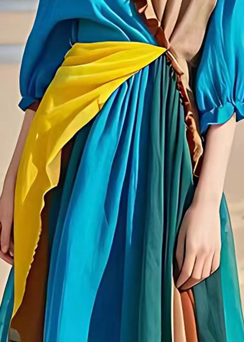 Blue Ruffled Patchwork Cotton Long Dresses Half Sleeve