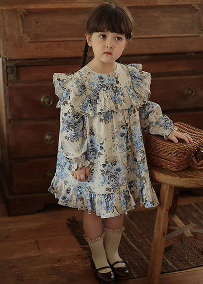 Blue Ruffled Patchwork Kids Vacation Long Dresses Fall
