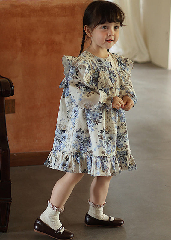 Blue Ruffled Patchwork Kids Vacation Long Dresses Fall