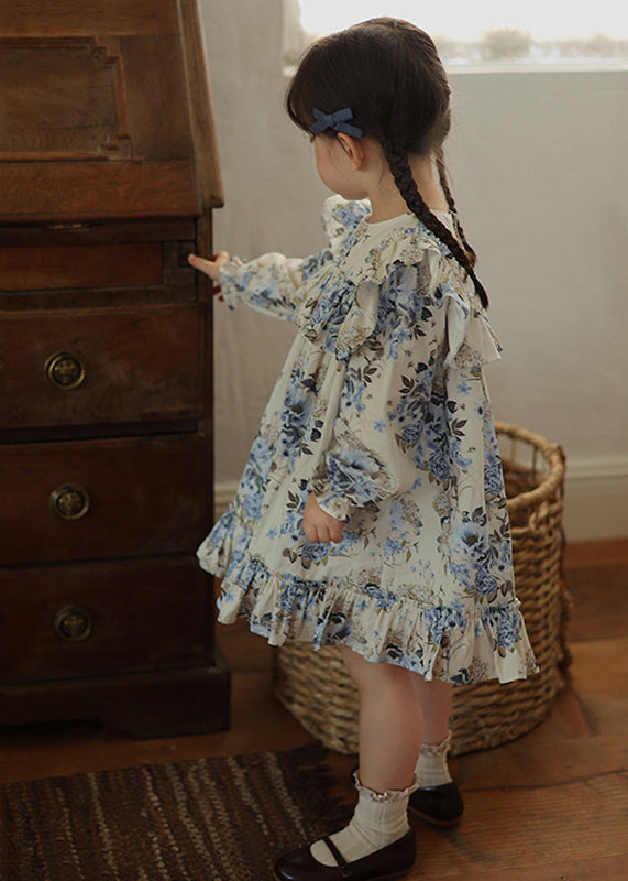 Blue Ruffled Patchwork Kids Vacation Long Dresses Fall