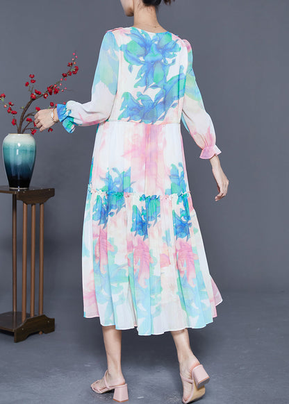 Blue Ruffled Patchwork Print Chiffon Holiday Dresses Summer