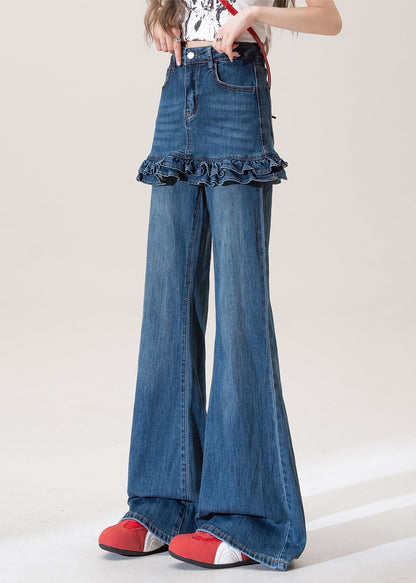 Blue Ruffled Pockets Patchwork Denim Flared Trousers Spring