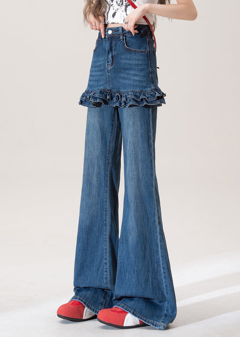 Blue Ruffled Pockets Patchwork Denim Flared Trousers Spring