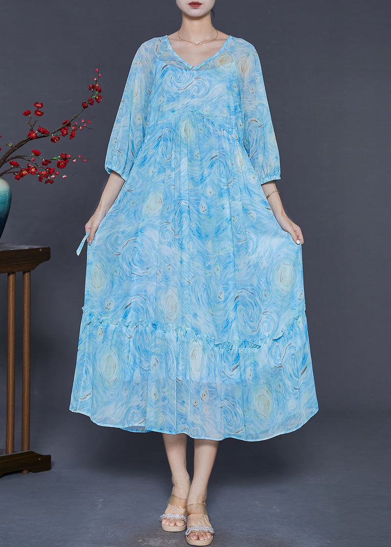 Blue Ruffled Print Chiffon Maxi Dresses Bracelet Sleeve