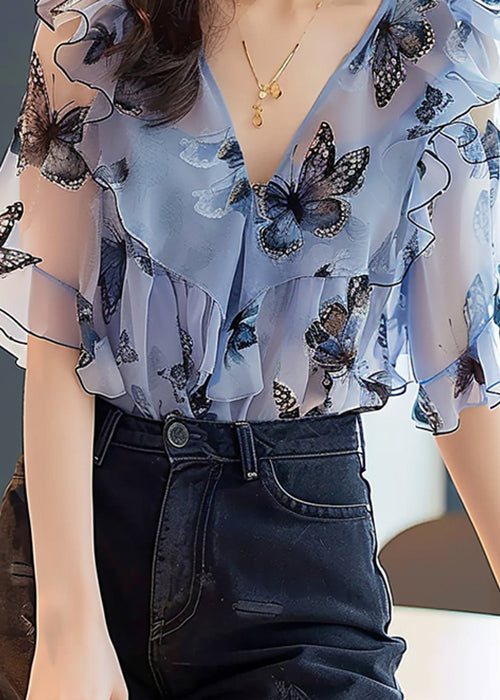 Blue Ruffled Print Chiffon Shirts Half Sleeve