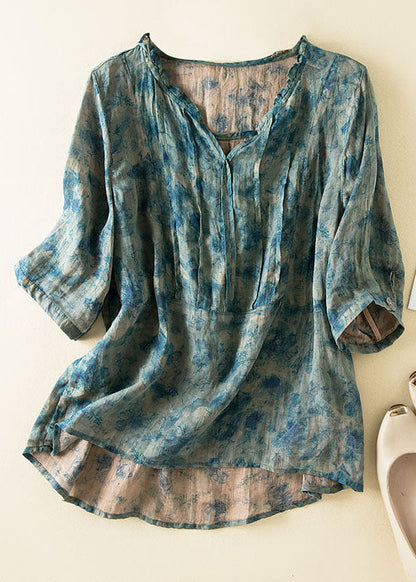 Blue Ruffled Print Patchwork Linen Shirts Top Summer
