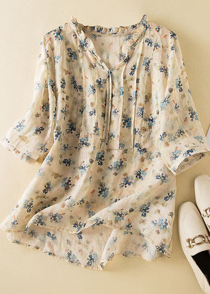 Blue Ruffled Print Patchwork Linen Shirts Top Summer