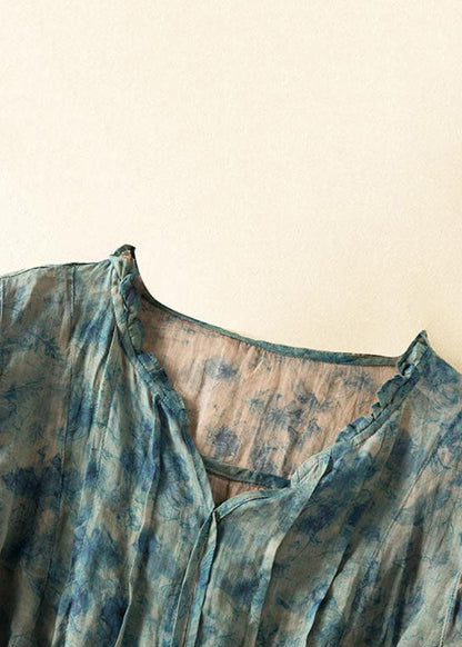 Blue Ruffled Print Patchwork Linen Shirts Top Summer