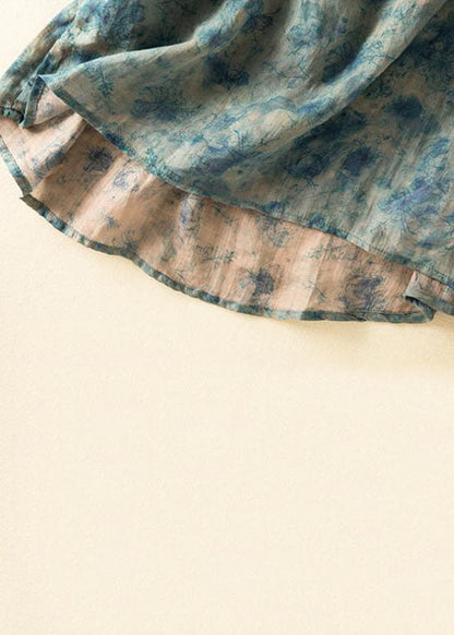 Blue Ruffled Print Patchwork Linen Shirts Top Summer