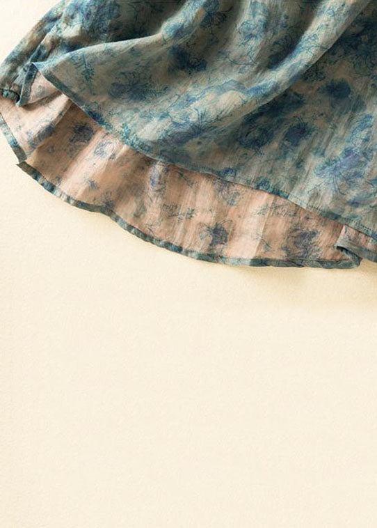 Blue Ruffled Print Patchwork Linen Shirts Top Summer