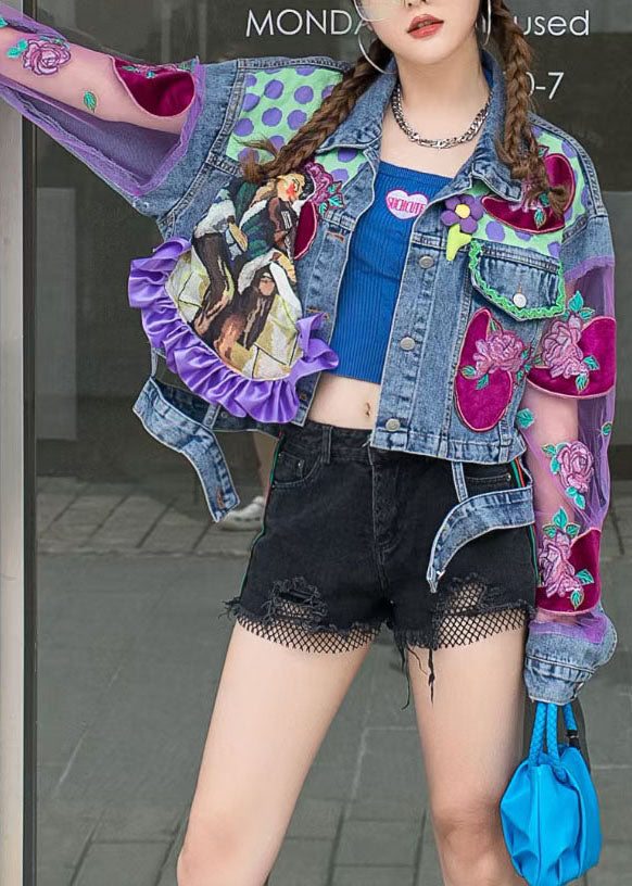Blue Ruffled Tulle Embroideried Patchwork Denim Jacket Spring
