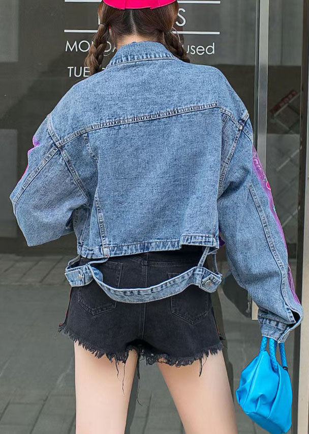 Blue Ruffled Tulle Embroideried Patchwork Denim Jacket Spring