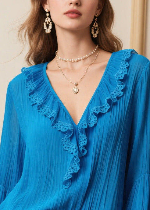 Chic Blue Ruffled Wrinkled Chiffon Shirt Tops Spring