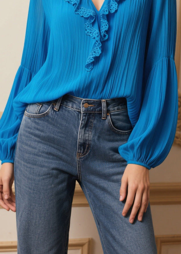 Chic Blue Ruffled Wrinkled Chiffon Shirt Tops Spring