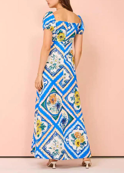 Blue Square Collar Print Long Dress Short Sleeve