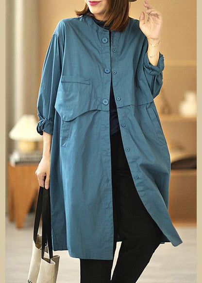 Blue Stand Collar Button Pockets Fall Cotton Coats Long Sleeve