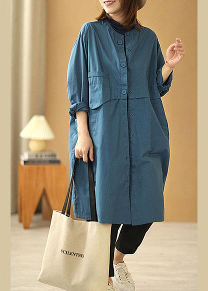 Blue Stand Collar Button Pockets Fall Cotton Coats Long Sleeve