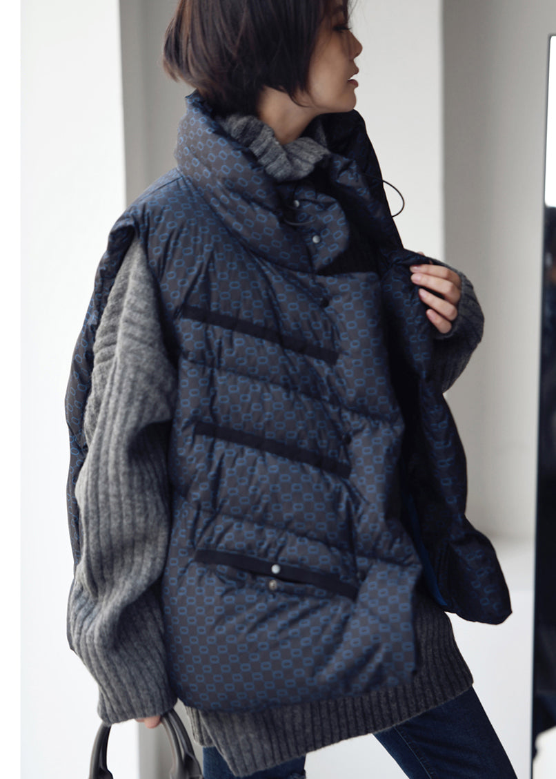 Blue Stand Collar Drawstring Print Button Duck Down Filled Waistcoat Winter