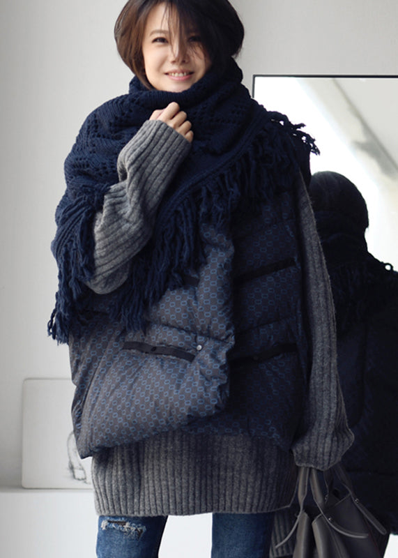Blue Stand Collar Drawstring Print Button Duck Down Filled Waistcoat Winter