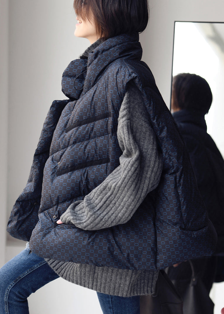Blue Stand Collar Drawstring Print Button Duck Down Filled Waistcoat Winter