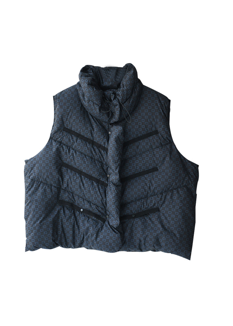 Blue Stand Collar Drawstring Print Button Duck Down Filled Waistcoat Winter