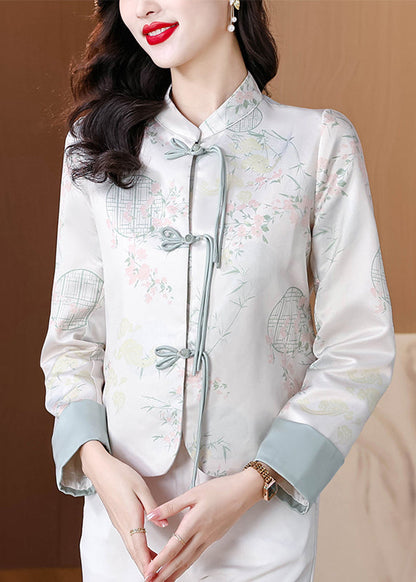 Blue Stand Collar Print Button Silk Coats Fall