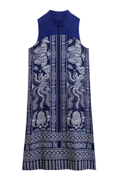 Blue Stand Collar Print Patchwork Cotton Summer Dress Sleeveless