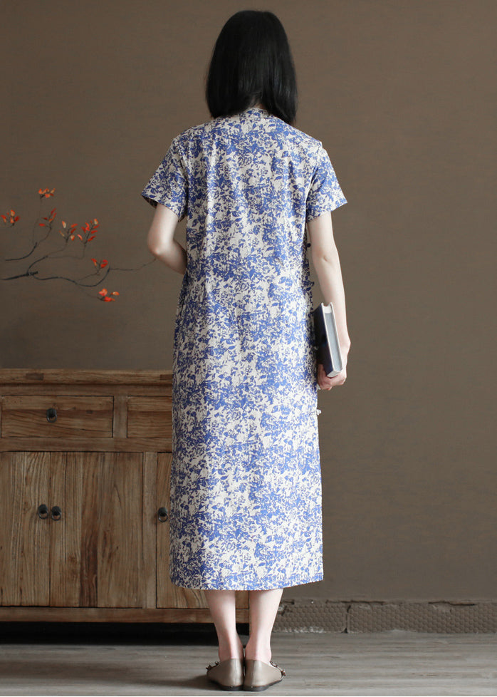 Blue Stand Collar Print Side Open Cotton Long Dress Short Sleeve