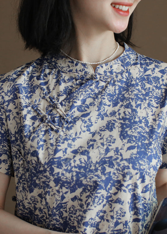Blue Stand Collar Print Side Open Cotton Long Dress Short Sleeve