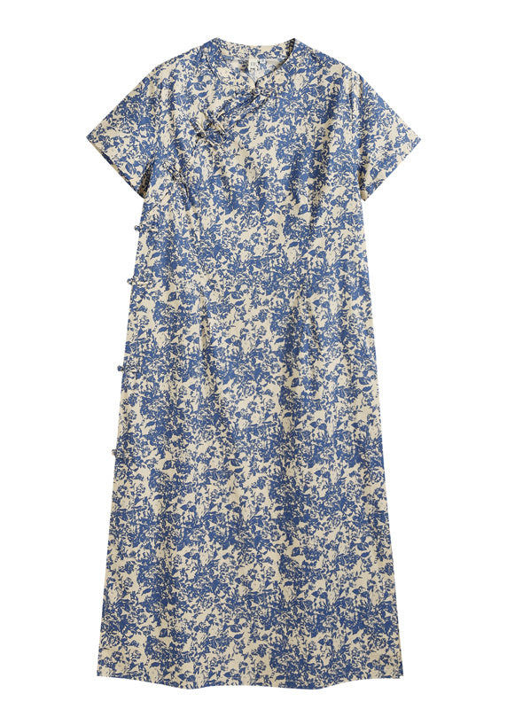 Blue Stand Collar Print Side Open Cotton Long Dress Short Sleeve