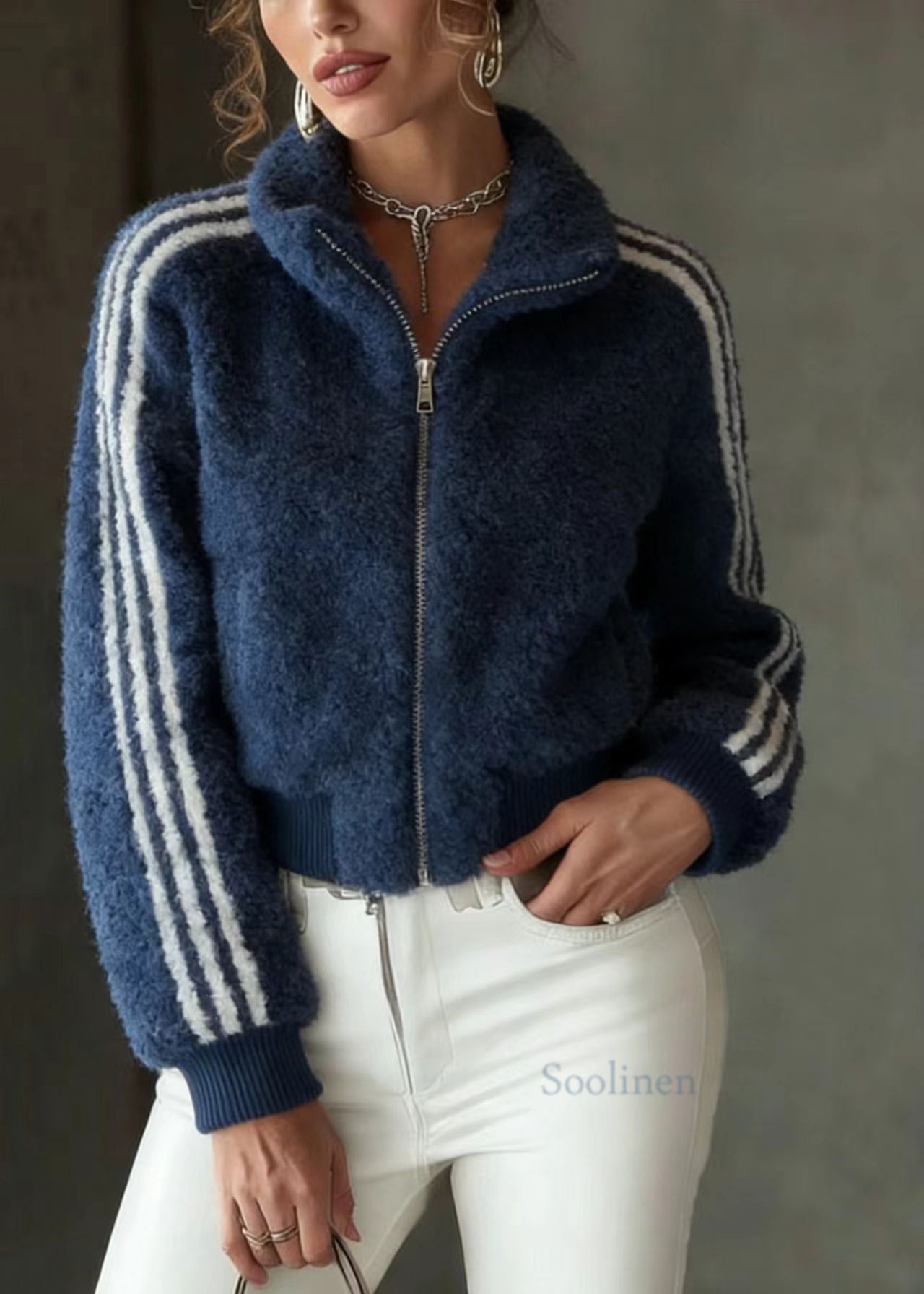 Blue Stand Collar Zip Up Striped Faux Fur Jackets Spring