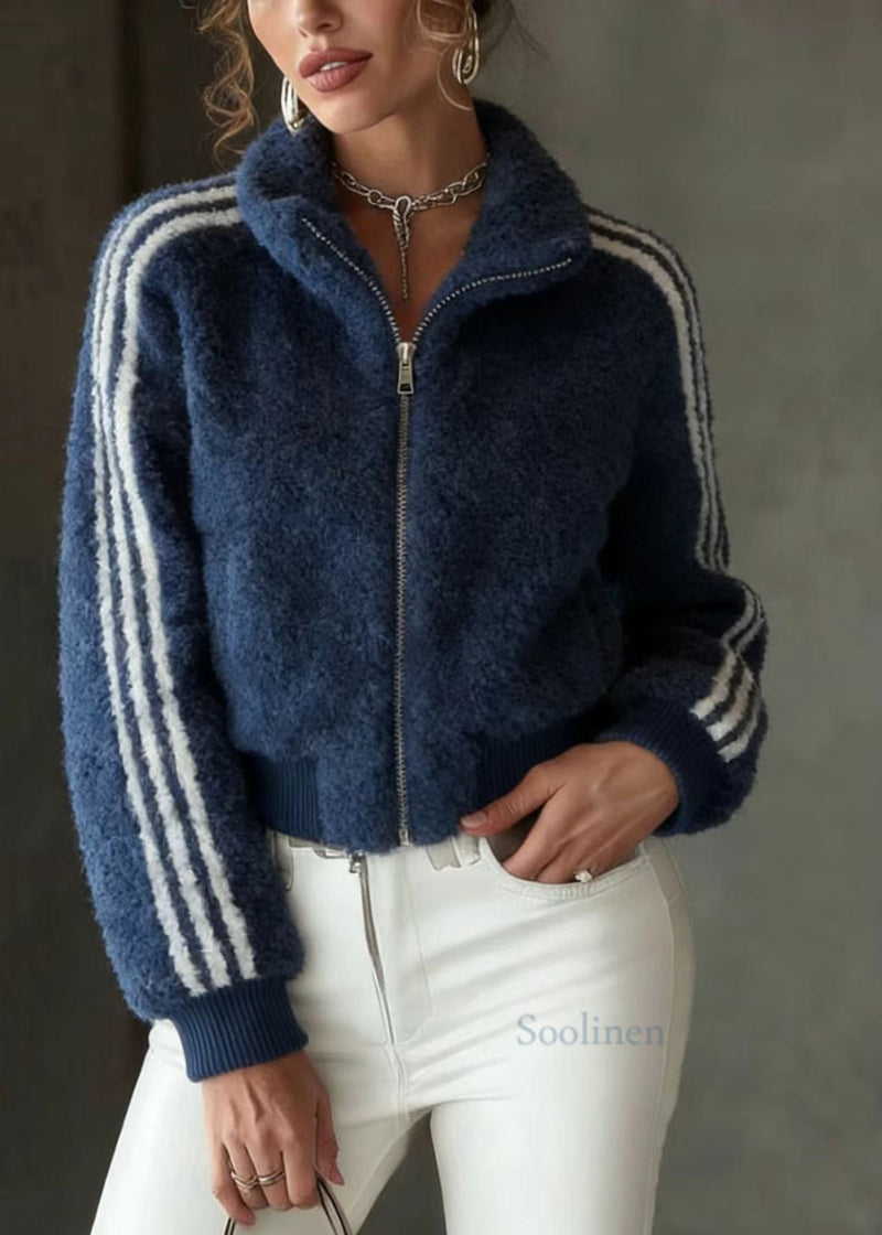 Blue Stand Collar Zip Up Striped Faux Fur Jackets Spring
