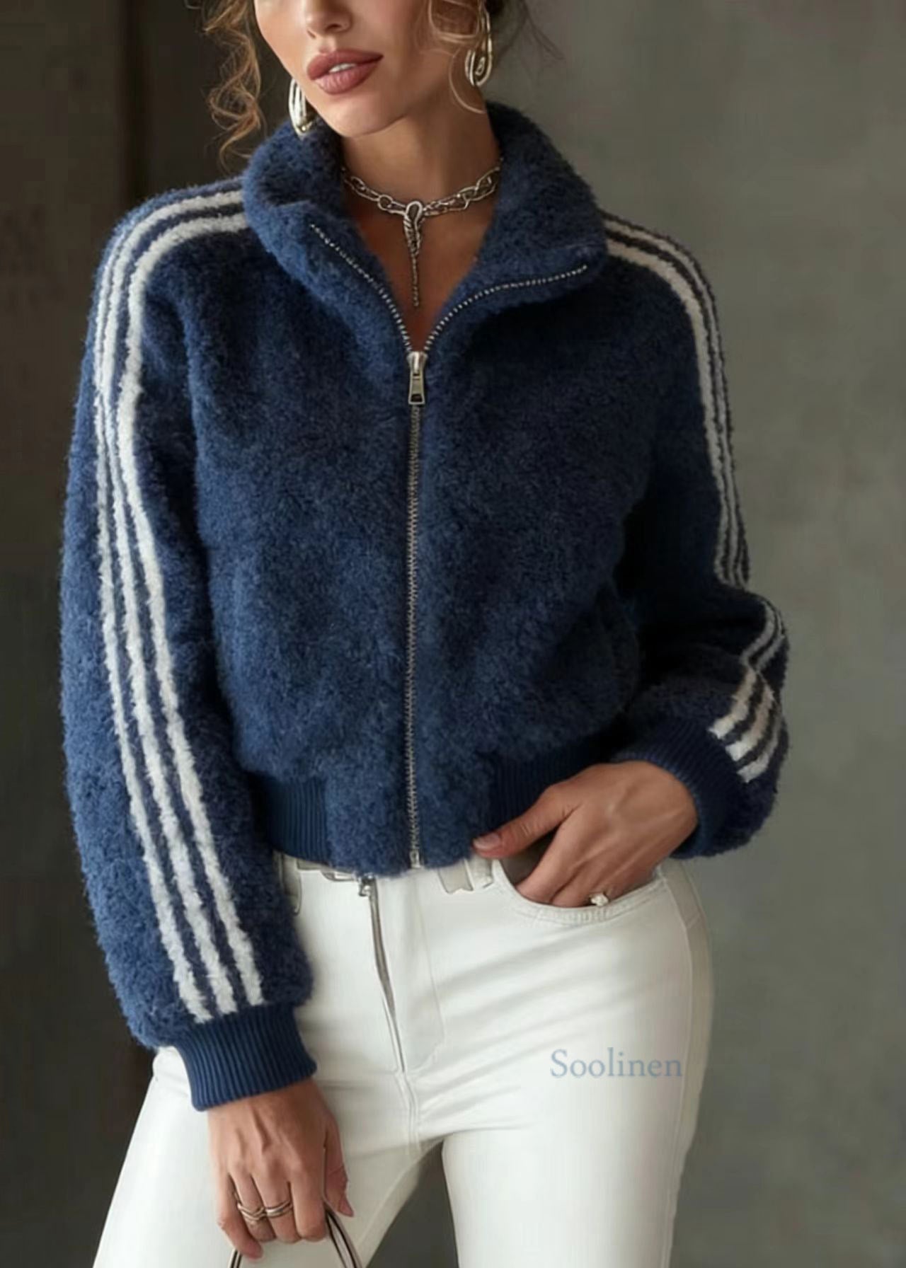 Blue Stand Collar Zip Up Striped Faux Fur Jackets Spring